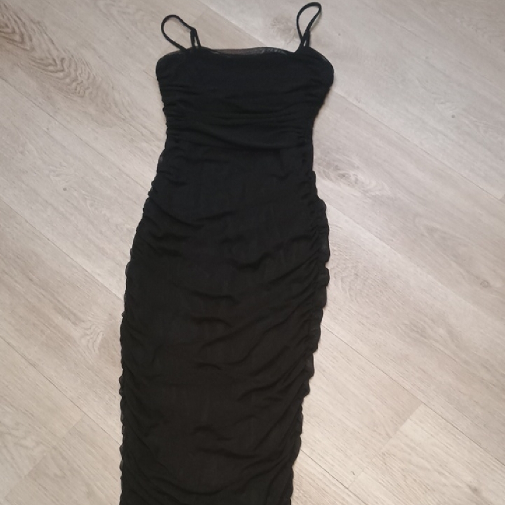 Black Spaghetti Strap Ruched Bodycon Maxi Dress
